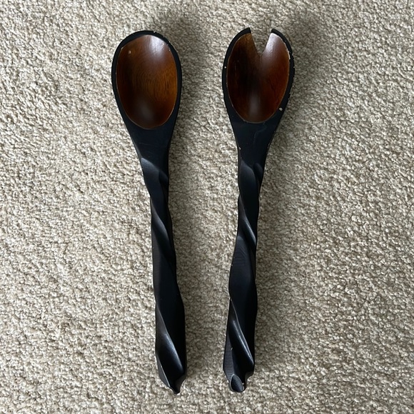 Vintage ENRICO Other - Vintage Unique Handles ENRICO Black Dark Brown Wooden Salad Serving Spoon Set